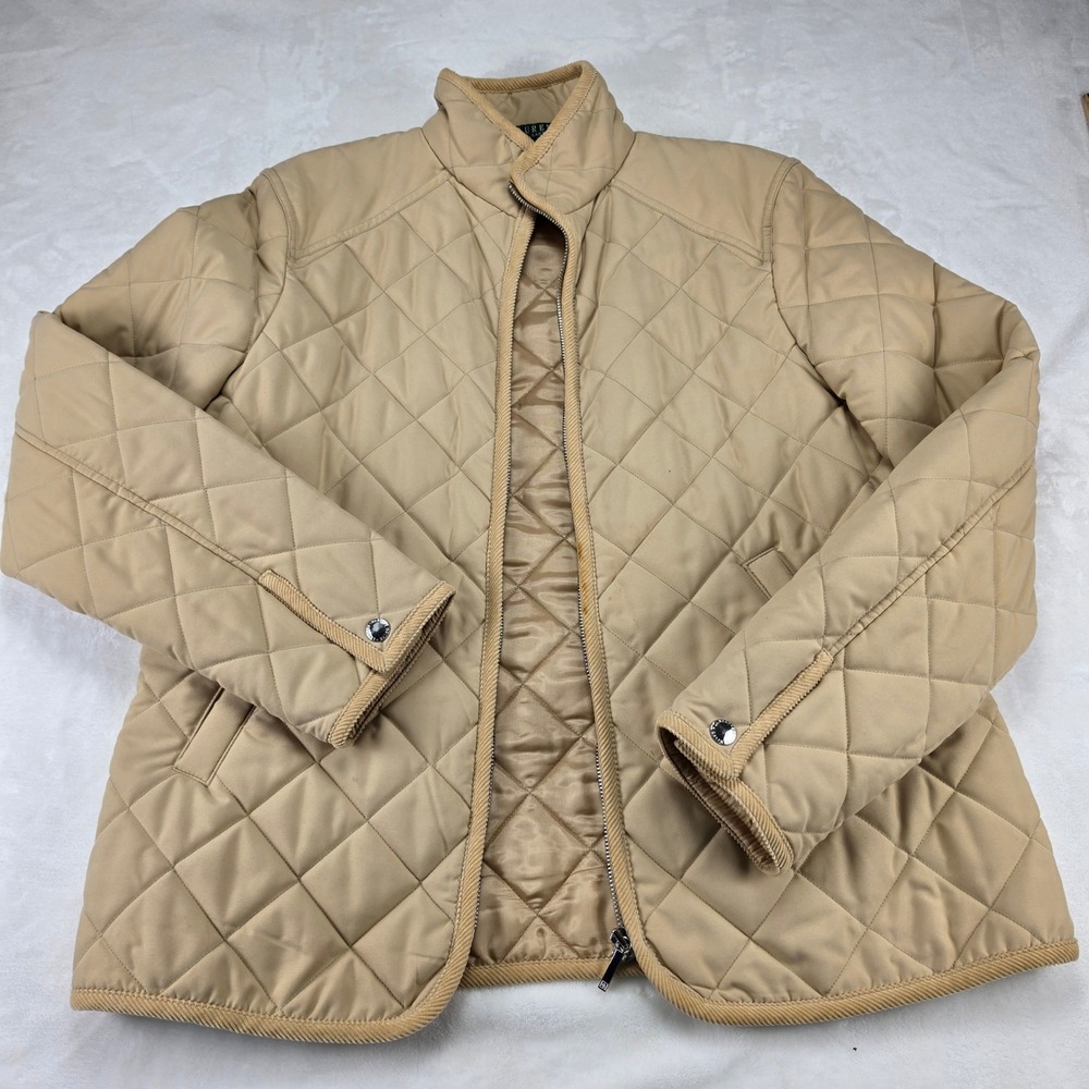 Lauren Ralph Lauren Quilted Jacket Womens L Tan Good Zip Up Corduroy Trim